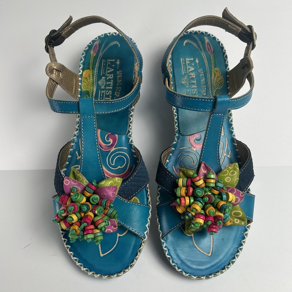 Spring Step Teal Multicolor Beaded Flower T-Strap Sandals